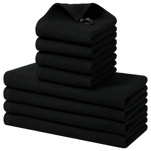 Homaxy 100% Cotton Kitchen Towels and Dishcloths Set, 12 x 12 Inches and 13 x 28 Inches, Set of 8 Bulk Kitchen Towels Set, Ultra Soft Absorbent Dish Cloths for Washing Dishes, Black - color: Black, style: 8-Piece Set