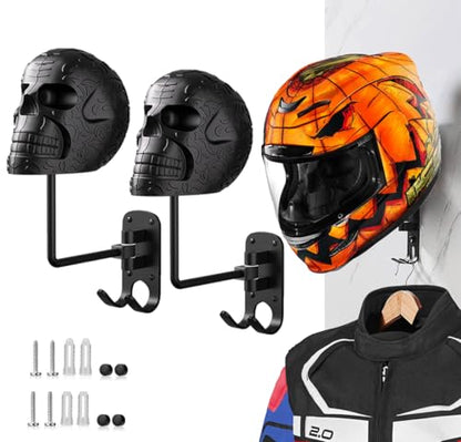 2 Pack Metal Skull Helmet Rack Wall Mount, Motorcycle Helmet Holder 180° Rotation Wall Mount Mount with 2 Hooks for Motorcycle Bike Baseball Rugby Black - color: Black*2