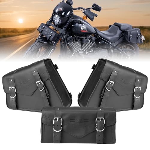 KEMIMOTO Genuine Leather Motorcycle Saddle Bags 12L & 4.5L Fork Handlebar Tool Pouch Panniers Side Bag Universal Motorcycle Compatible with Sportster Softail Dyna Shadow Vulcan Left Right