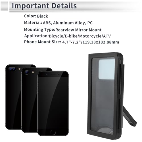 Motorcycle Phone Mount Holder ABS Aluminum Alloy PC for Rearview Mirror Mount Fits 4.7"-7"/119.38x177.8mm Smartphones Black