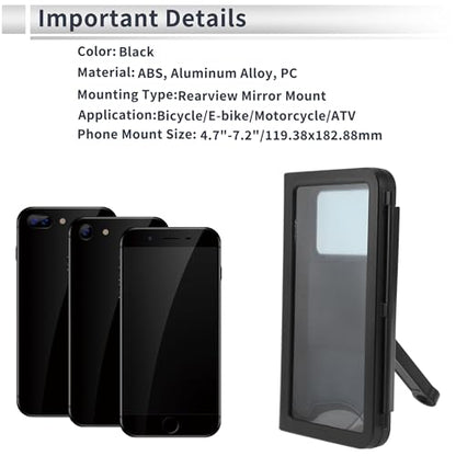 Motorcycle Phone Mount Holder ABS Aluminum Alloy PC for Rearview Mirror Mount Fits 4.7"-7"/119.38x177.8mm Smartphones Black