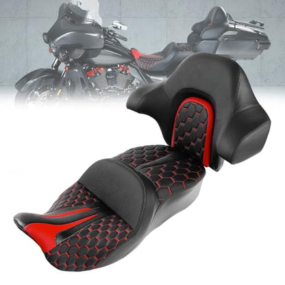 C.C. RIDER Gel Seat Driver Passenger Seat and King/Chopped Tour Trunk Backrest Fit For Harley Touring 2014-2023 Street Glide Road Glide Road King Electra Glide,Red Hexagon - color: 23# Gel Red+ 1 Backrest