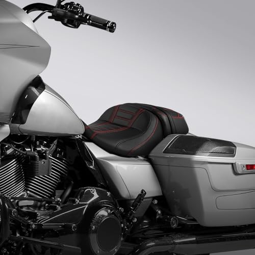 C.C. RIDER Low-Profile Rider&Passenger Seat Fit for Harley Touring 2023-2025 CVO Street Glide FLHXSE CVO Road Glide FLTRXSE 2024-2025 Street Glide FLHX Road Glide FLTRX FLTRXSTSE - size: 05# Black+ Red Stitchs