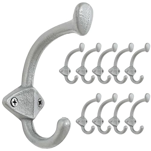 Dseap Cast Iron Wall Hooks L=5”, Heavy Duty Coat Hooks, Rustic Vintage Farmhouse Hook for Hanging Winter Coats Jackets Towels Hats Bags Plants, Silver, Pack of 10 (ShieldBold) - color: Silver, size: L=5" (Pack of 10)