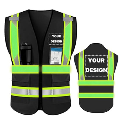 High Visibility Reflective Safety Vest with Pockets Custom Your Logo Safety Workwear - color: Luminous Black Green Webbing, size: 4X-Large