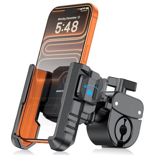 OMOTON BK01 Anti-Vibration Phone Mount, Quick Lock Shockproof Bike & Motorcycle Phone Holder, Fits iPhone & Android for Riders on E-Bike, Stroller, Scooter, Fits Handlebars & Rearview Mirror, Orange - color: 3-Orange