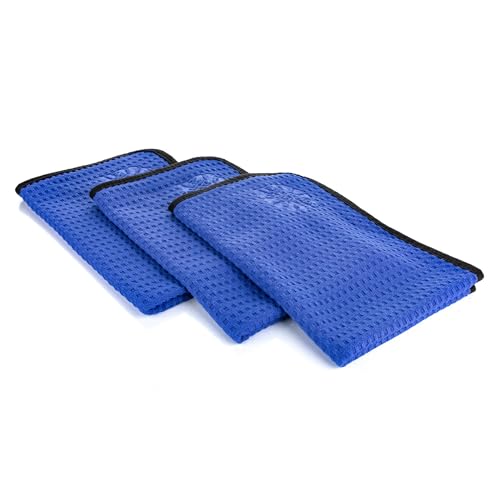 The Rag Company Dry Me A River, Professional Korean 70/30 Blend Microfiber Waffle-Weave Drying & Detailing Towels, Soft Suede Edges, 390 GSM, 16x24 Inches, Royal Blue, 3-Pack - color: Royal Blue, size: 16in x 24in