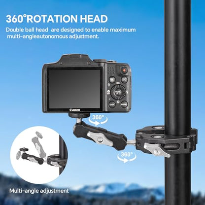 Super Clamp Camera Clamp Mount Monitor 360°Ballhead Magic Arm Double Ball Head Adapter with 1/4"-20 & 3/8"-16 Thread for Canon Nikon DSLR Camera/Gopro/LED Light Ronin-M/Ronin MX/FreeflyMOVI