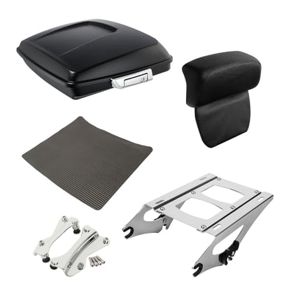 XFMT 5.5" Matte Black Razor Trunk W/Backrest Pad + Chrome Mount Rack + Docking Kit For Harley Touring Road King Street Glide Road Glide Electra Glide Ultra Classic 2014-Later - color: Matte Black Set 7