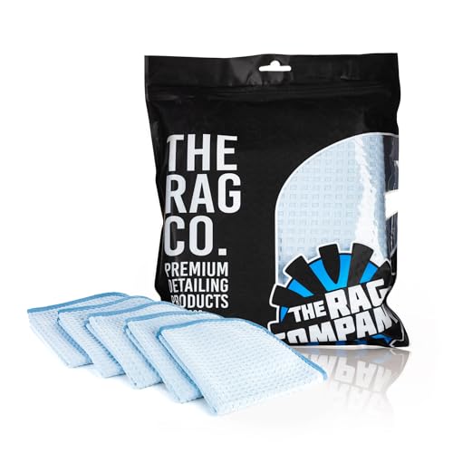 The Rag Company Dry Me A River, Professional Korean 70/30 Blend Microfiber Waffle-Weave Drying & Detailing Towels, Soft Suede Edges, 390 GSM, 16x16 Inches, Light Blue, 5-Pack - color: Light Blue, size: 16in x 16in