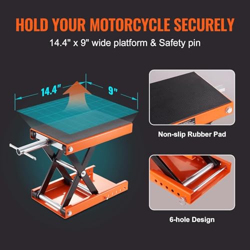 Motorcycle Lift, 1100 LBS Motorcycle Scissor Lift Jack with Wide Deck & Safety Pin, 3.7"-13.8" Center Hoist Crank Stand, Steel Scissor Jack for Street Bikes, Cruiser Bikes, Touring Motorcycles