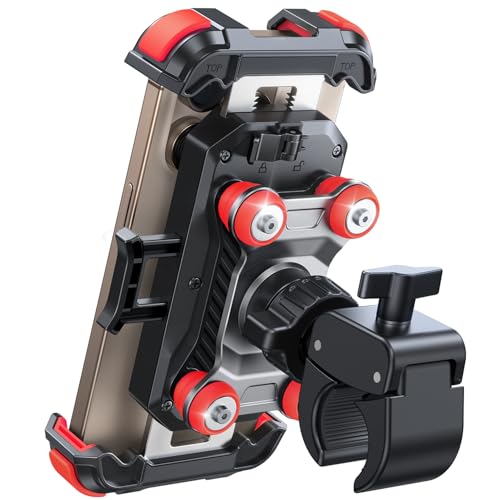 JOYROOM Motorcycle Phone Mount Holder - [Dual Vibration Dampener] 150mph Anti-Shock Phone Holder for Motorcycle [Upgrade Metal Handlebar Clamp] - Bicycle Bike Phone Holder Mount for 4.7-7" Phones Red - color: Red