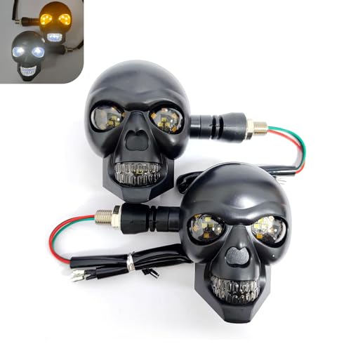 2 PCS Motorcycle Skull Turn Signal Light, 10 mm Screw LED Turn Signal Lamp with White DRL & Amber Direction Warning, Universal for Scooter Dirt Bike (White & Amber) - color: White & Amber