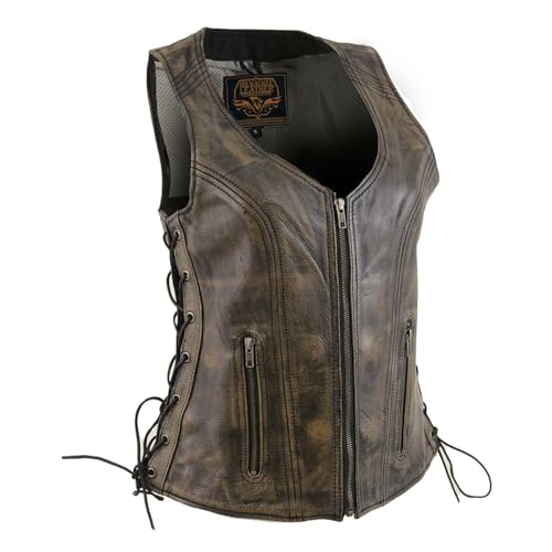 Milwaukee Leather Women's Classic Biker Vest - Premium Leather, Zipper Front, Concealed Carry, Rider Fit Design - color: Lkl4719-blk/Beige, size: Large
