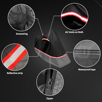 Full Enclosed Motorcycle Cover - Waterproof for Outdoor & Indoor Storage, Heavy 600D Duty with Reflective Strips, Fits Scooters & Touring Motorcycles up to Length96.5" x 45" x 53"Black&Gray - size: 96.5"L-45"W-53"H