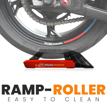 GRAND PITSTOP Motorcycle Roller Wheel Cleaning Stand - Paddock Stand Replacement - Wheel Roller Stand with Ramp Support for tire Cleaning & Chain Lubrication - (Bikes < 600 lb) - color: Black Red