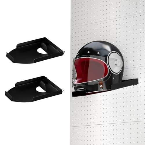 Motorcycle Helmet Holder - Garage Metal Helmet Display Shelving with Anti-Slip Edge&Price Tag Slot,Suitable for Pegboard Panel,for Motorcycle Bike Helmets,Bicycle,Hocky Helmet,Hat,Cap (2 Pack) - size: 2pcs Motorcycle Helmet Rack