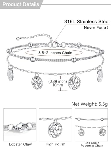 U7 Silver/Gold Ankle Bracelets for Women Layered Chain Anklets Stainless Steel Waterproof Summer Beach Anklet Cham, Adjustable 8.5"-10.5" - color: Silver - Ball Chain+Paperclip Chain