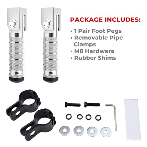 2-in-1 Clamp-On & Bolt-On Foldable Foot Pegs, Motorcycle Foot Pegs with Removable Pipe Clamps, M8 Mount or 26–32mm Tube Fit, for E-Bike, Mini Bike & Custom Builds （1 Pair, Raw Silver) - color: Raw Silver