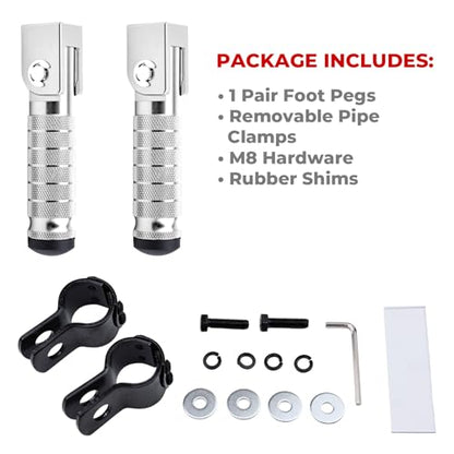 2-in-1 Clamp-On & Bolt-On Foldable Foot Pegs, Motorcycle Foot Pegs with Removable Pipe Clamps, M8 Mount or 26–32mm Tube Fit, for E-Bike, Mini Bike & Custom Builds （1 Pair, Raw Silver) - color: Raw Silver