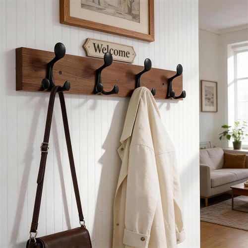 WEBI Coat Rack Wall Mount,24" Solid Wood Coat Hooks Wall Mounted Coat Hanger,16" Hole to Hole,Heavy Duty 4 Triple Hooks for Hanging Coats,Jacket,Hat,Backpack,Farmhouse,Reddish Brown - color: Reddish Brown, size: 24 Inch