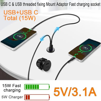 QIANRENON 2 Port USB C & USB Threaded Fixed Fast Charging Adapter 15W USB C + USB A Embedded Mount Round Connector Socket 5V/3.1A,LED Light, Mount on Furniture Desktop, Black (only for USB Charge) - color: Black