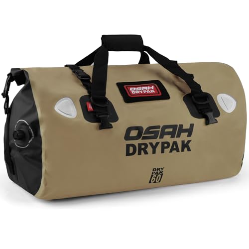 OSAH DRYPAK Waterproof Duffel Bag - Motorcycle Dry Bag Tail Bag with Large Storage Space, Waterproof Luggage Duffle Bags with Outer Mesh Zipper Pocket for Camping, Kayaking, Fishing & Traveling - color: Brown, size: 60L