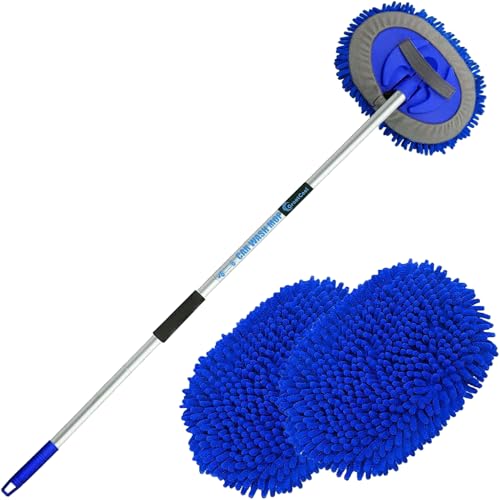 62" Car Wash Brush Mop Kit with Long Handle, 2 in 1 Chenille Microfiber Sponge Mitt Cleaning Detailing Duster for Washing Cars Truck SUV RV Caravans and Household(2 x Mop Head) (Blue) - color: Blue
