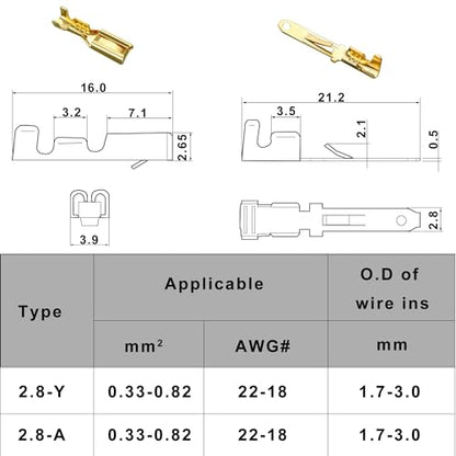 2.8mm Automotive Electrical Wire Connectors Kit 2 3 4 6 Pin Male Female Socket Plug and Pin Header Crimp Wire Terminals for Car, Motorcycle, Truck, Scooter, Boats, Ebike, Electric Instruments 380PCS