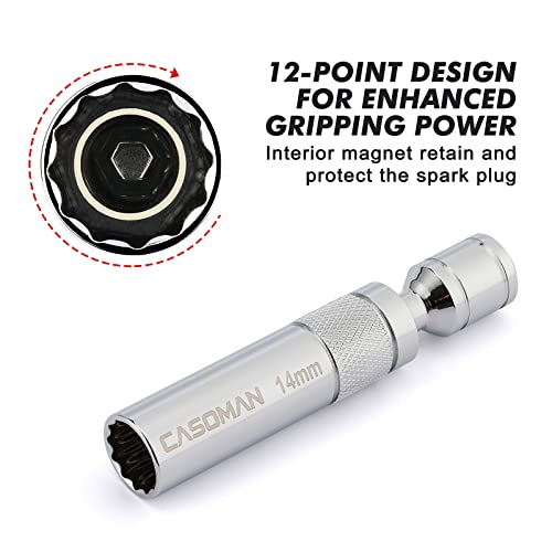 CASOMAN 6PCS 3/8-Inch Drive Magnetic Swivel Spark Plug Socket Set, Include 9/16-Inch, 5/8-Inch, 13/16-Inch, 14mm Socket, Length: 4-Inch, 6-Inch, 11-Inch, 12-Point, CR-V - size: 6PCS (9/16", 5/8", 13/16", 14mm)