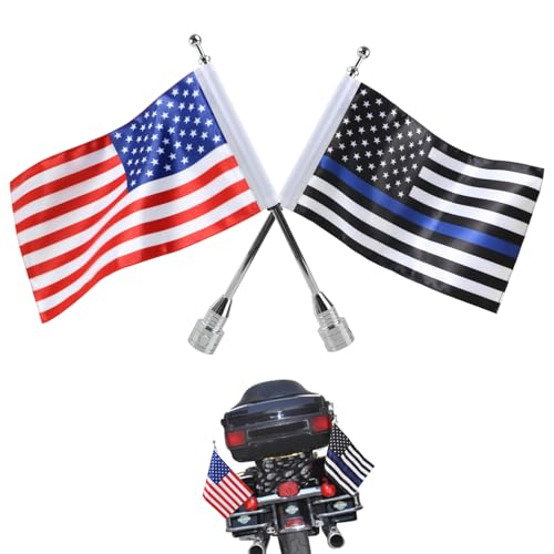 Motorcycle Flagpole Mount with American USA Flag & Blue Line US Flag for Harley Honda Goldwing CB VTX CBR and Yamaha – Fits 1/2" Round Luggage Rack - color: US Flag +Blue Line US Flag