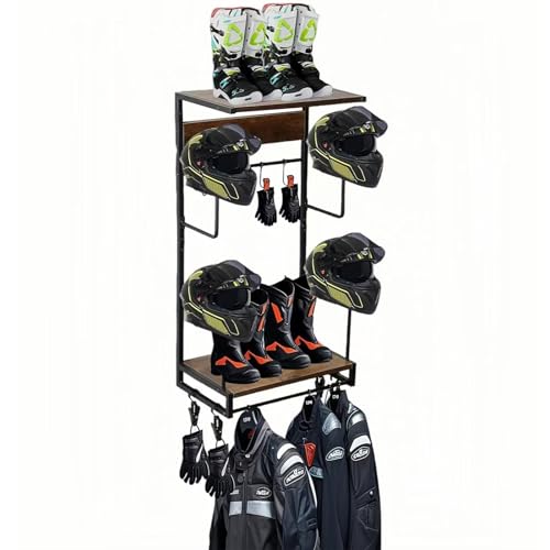 Motorcycle Helmet Rack, Wall Mount with 4 Glove Chips, 10 Hooks and Rustic Finish for Multiple Helmets and Clothes