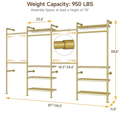 ONBRILL H4 Wall Mounted Closet System, Expandable Industrial Pipe Clothes Rack Clothing Rack for Hanging Clothes, Heavy Duty Closet Organizers and Storage in Wardrobe Closet - Gold - color: Gold