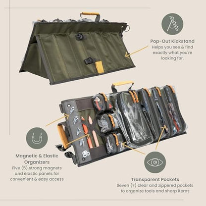 Heavy Duty Roll Up Tool Bag Organizer w/Kickstand for Upright Visibility & Easy Access, 7 Pockets w/Zippers, Multiple Carrying & Hanging Handles, Magnetic & Elastic Organizers, Adjustable Strap - style: Olive - Pro Roll Up w/ Kickstand