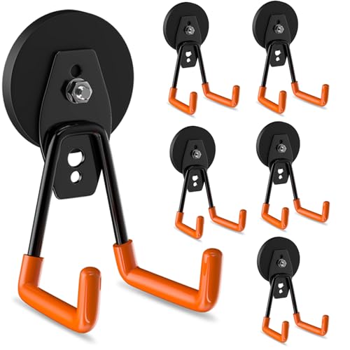 ENUODA Strong Magnetic Hooks Heavy Duty - Neodymium Magnetic Wreath Hanger, Garage Hooks for Garden Tools, Power Tools, Broom, Mops, Tool Chest, Barn, Van, Container, 6 Pack - color: Orange, size: Medium
