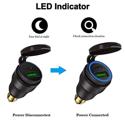 iMESTOU Aluminum DIN Plug 30W 5A Power Delivery Motorcycle Dual USB Charger QC 3.0 Quick Charge Power Adapter Waterproof Fits for 12V-24V BMW Ducati Triumph DIN Socket - color: Black