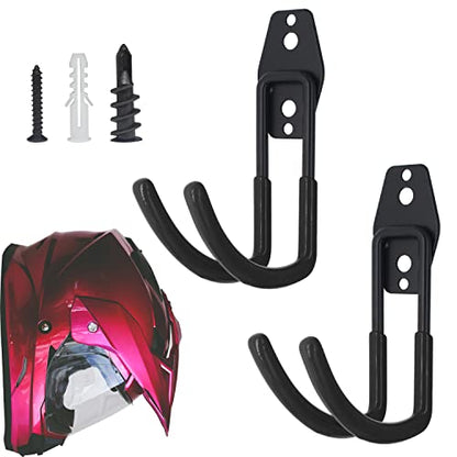 Wall Mount Helmet Holder Black, 2 Large Double Iron Curved Hooks with Mounting Screws. Ideal for Harley, Honda, Kawasaki Helmets - size: Large Hook x2