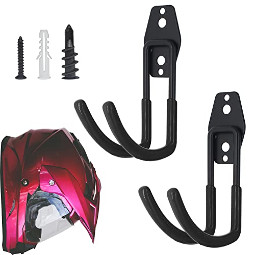 Wall Mount Helmet Holder Black, 2 Large Double Iron Curved Hooks with Mounting Screws. Ideal for Harley, Honda, Kawasaki Helmets - size: Large Hook x2