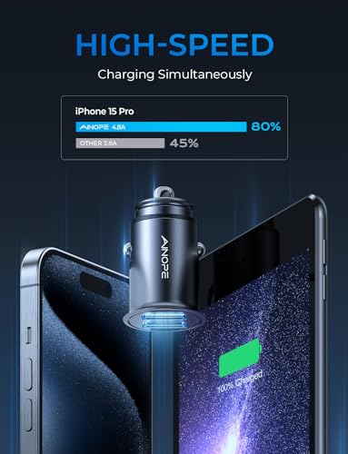 AINOPE Car Charger Adapter【Smallest Metal】 4.8A Cigarette Lighter USB Car Charger Adapter Dual Port 12V USB Outlet Flush Fit for iPhone 16 Pro Max/15/14 iPad Air Samsung Galaxy S25 S24 Ultra,Black
