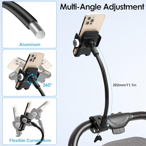 EEEKit Gooseneck Bike Phone Holder, Universal Handlebar Phone Mount Clamp for Wheelchair, Mic Stand, Indoor Cycling Bike, Compatible with 4.7-7.0in Smartphones