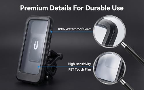 Waterproof Motorcycle Phone Mount, Full Protection Touchscreen Holder, IPX6 Water Resistant, High-Sensitivity PET Touch Film, Black