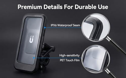 Waterproof Motorcycle Phone Mount, Full Protection Touchscreen Holder, IPX6 Water Resistant, High-Sensitivity PET Touch Film, Black