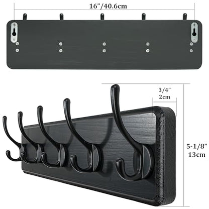 WEBI Coat Rack Wall Mount,Coat Hanger Wall,16" Hole to Hole,Coat Hooks Wall Mounted,Hook Rack,5 Hooks for Hanging Coats,Hats,Jacket,Clothes,Entryway,Black - color: Black Wood/Black Hook, size: 17.3 Inch-5 Hooks