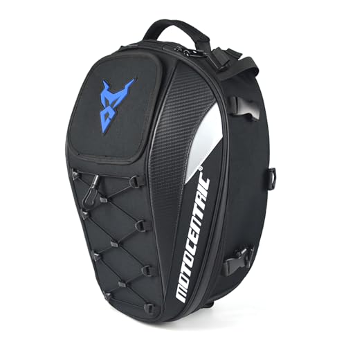 MOTOCENTRIC Motorcycle Tail Bag, 25L-38L Waterproof Helmet Backpack, Universal Fit, 5 Compartments (Blue) - color: Blue