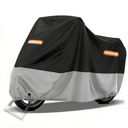 Motorcycle Cover Waterproof Outdoor,with Lock-Holes & Storage Bag,All Season Weather Sun Rain Protection Windproof Elastic Hem Night Reflective Design (104" Lx41 Wx50 H) - size: 104"Lx41"Wx50"H