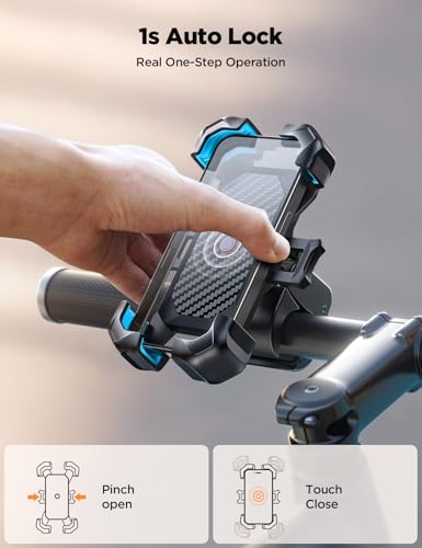 JOYROOM Motorcycle Phone Mount, [1s Auto Lock][100mph Military Anti-Shake] Bike Phone Holder for Bicycle, [10s Quick Install] Handlebar Phone Mount, Compatible with iPhone, Samsung, All Cell Phone - color: Blue