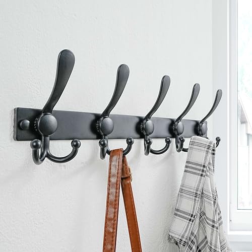 Dseap Coat Rack Wall Mount, Heavy Duty 12-Gauge Base vs Flimsy 1mm, Double-Thick Solid Anti-Snap Hooks, 16” Stud-Mount, Stainless Steel Hanger for Clothes Hat Entryway Closet, Black, Pack of 2 - color: Black, size: L=17" (2pcs)