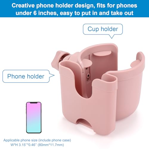 Accmor Stroller Cup Holder with Phone Holder, Bike Cup Holder, Universal Cup Holder for Uppababy Nuna Doona Strollers, 2-in-1 Cup Holder for Walker, Wheelchair, Scooter - color: All Light Pink