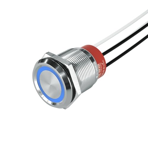 22mm Latching PushButton Switch, IP67 Waterproof Momentary/Latching Stainless Steel Flat Round Switch with Pre-Wired 20AWG, 10A 250VAC 5A 28VDC, 12V-24V LED Ring (Latching, Blue) - color: Blue