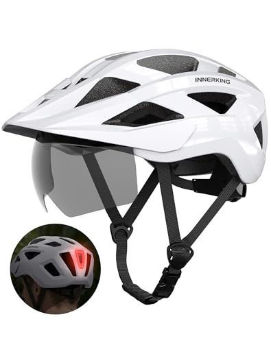 Bike Helmet for Adults, Lightweight Mountain Bicycle Helmet with USB Rechargeable Rear Light Detachable Magnetic Goggles, Road Bike Cycling Helmet with OTG Visor for Men Women - color: White, size: Large